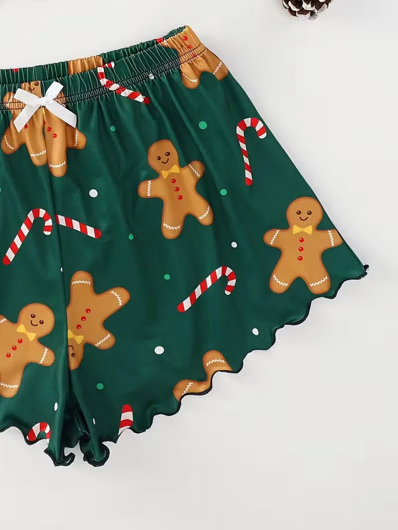 Women's Sleepwear Soft Christmas Festival Cute Gingerbread Print 2 Pieces Pajama Set Crop Tops and Shorts Loungewear