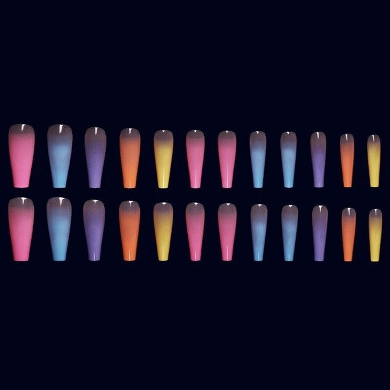 24pcs/bag Long Coffin Fake Nails Rainbow Ballerina Full Cover Nail Art Tips Beauty Artificial False Nails Manicure Charms