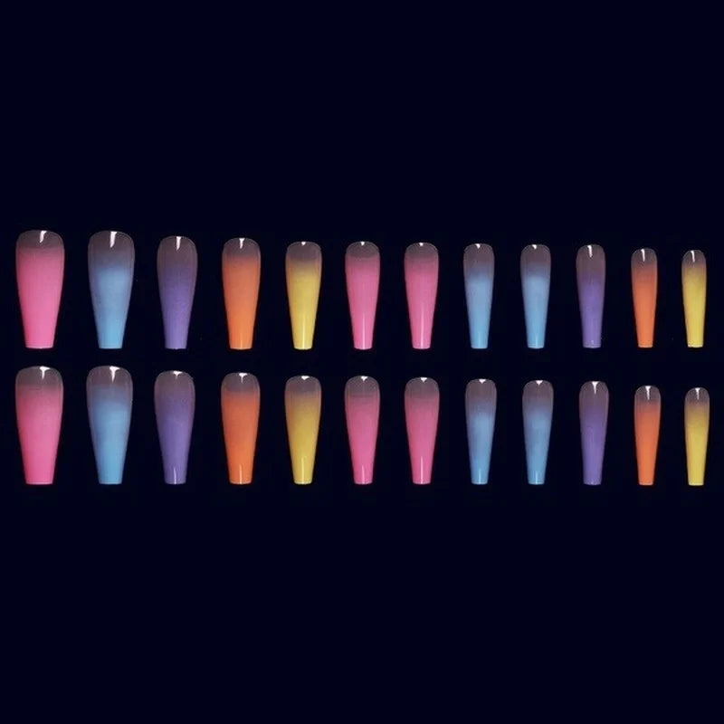 24pcs/bag Long Coffin Fake Nails Rainbow Ballerina Full Cover Nail Art Tips Beauty Artificial False Nails Manicure Charms