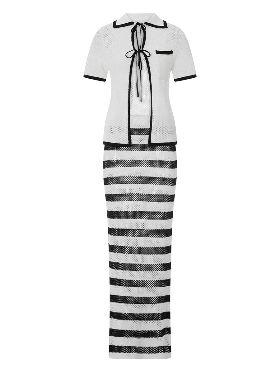 Women Crochet Cover Up Skirts Elastic High Waist Striped Contrast Color Knit Long Skirts Beachwear