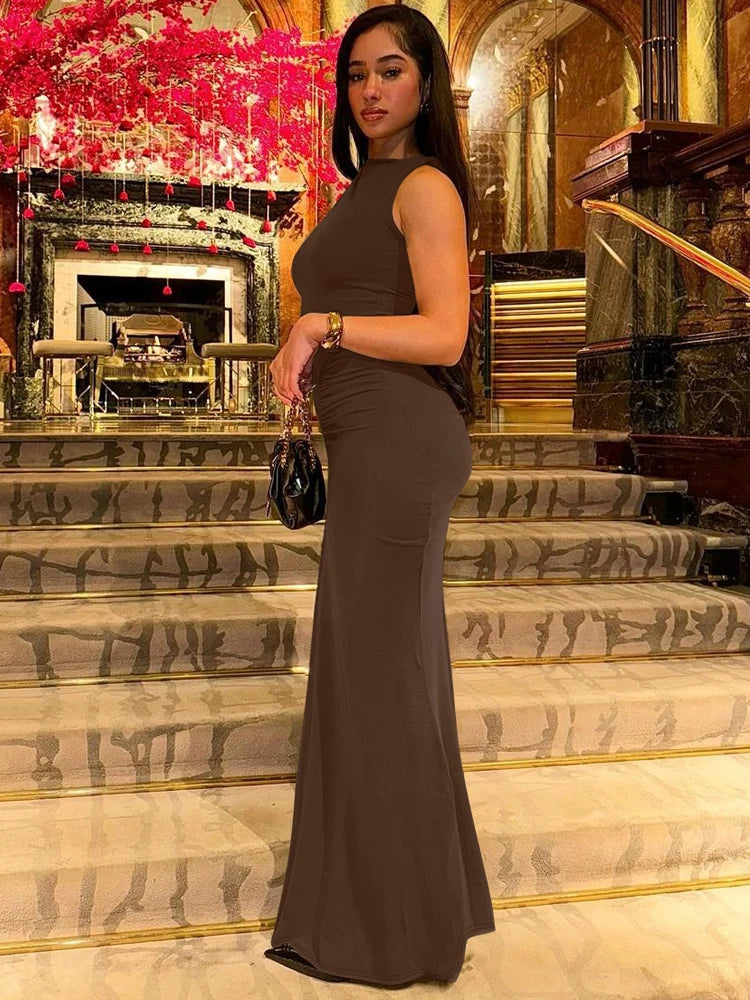 Dulzura Elegant Long Dress Ruched Bodycon Sleeveless Solid Dresses Lady Cocktail Party Wedding Guest Formal Women Clothes 2024