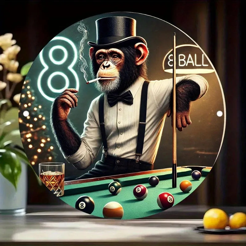 Round Aluminum Sign with Cue Balls & Table Design - Pool Hall, Game Room, Bar Decoration - Perfect Gift for Billiards Players