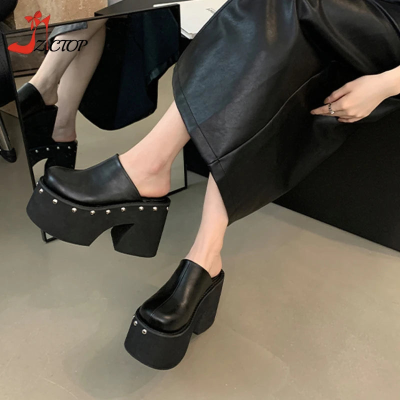 Women's Platform Sandals Black Gothic Closed Toe Chunky High Heels Slippers Rivet Slip On Y2k Punk Shoes Women Summer Size 41 42