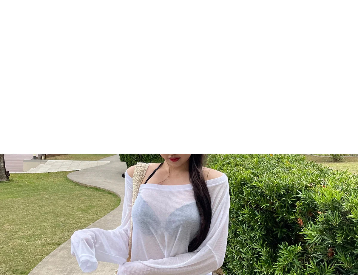 Bikini Swimsuit Cover up Women's Loose Thin Outerwear Casual Sle Long Sve One oulder T Top for Beach Vaion