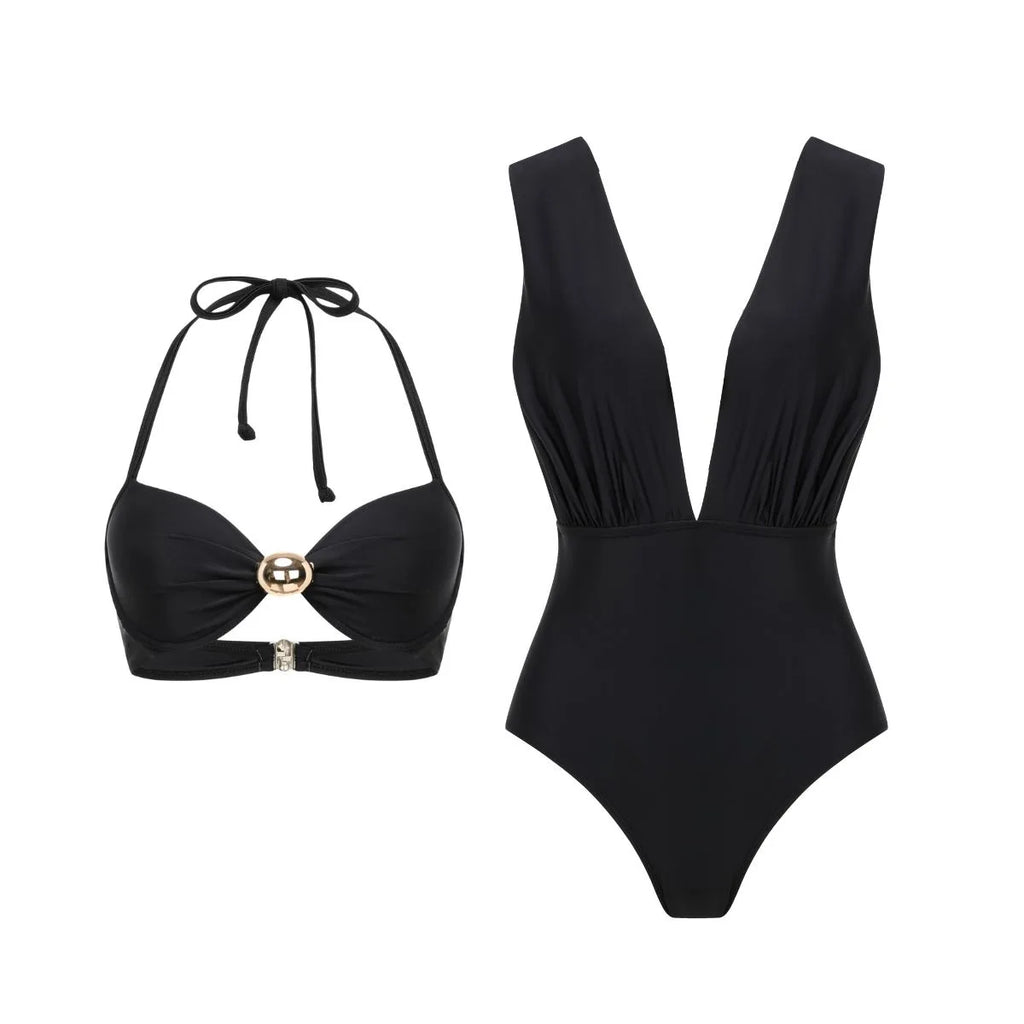 Women's Swimsuit 2-in-1 One-Piece Bathing Suit Elegant Tummy Control Monokini Deep V Neck Beachwear Sexy Resort Swimwear