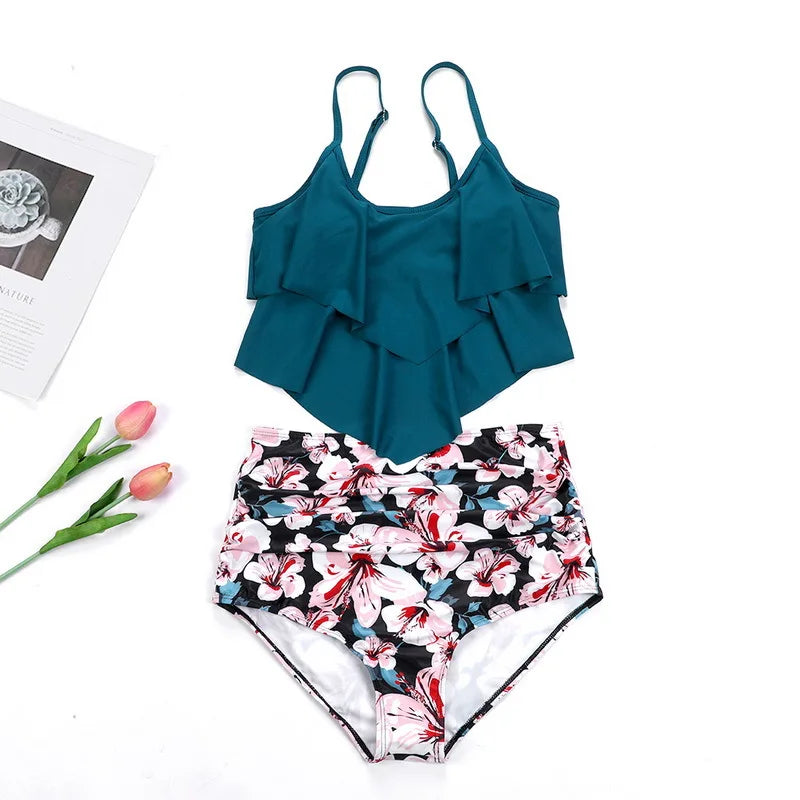 Swimwear Ruffles Women Suits Two Piece Sets Printed Beachwear High Waist Bikini Set Bottoms Push Up Tankini Swimsuits Women