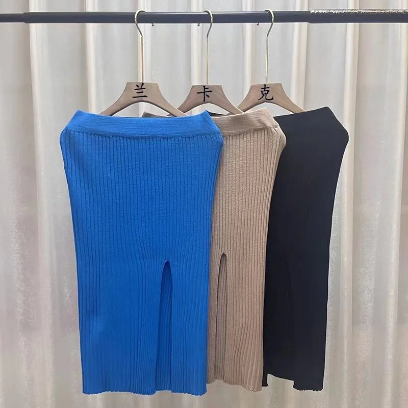 Women Sexy Split Bodycon Long Skirt  Elegant Slim Fit High-Waisted Skirts Female Pure Desire Hot Girl Knitted Elastic Dress