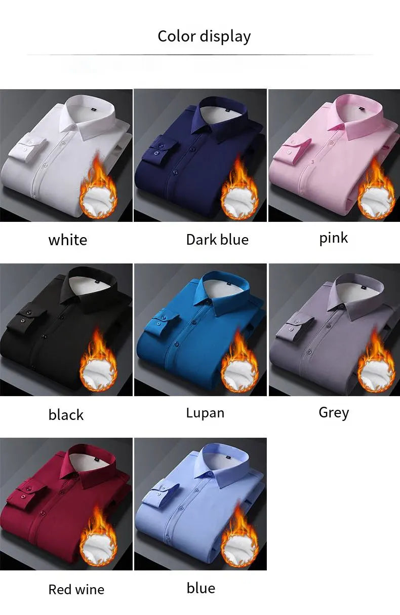Winter and autumn men's long-sleeved warm-weather shirts for business and casual wear, non-stretchable men's clothing