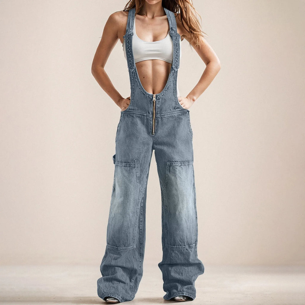 Women Adjustable Straps Loose Straight Wide Leg Jeans Dress Romper