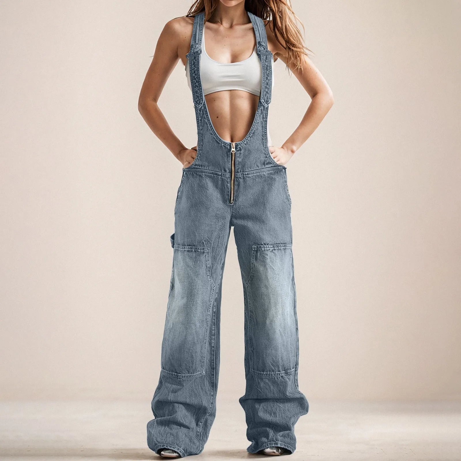 Women Adjustable Straps Loose Straight Wide Leg Jeans Dress Romper