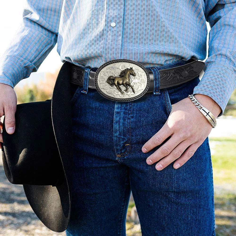 1pc men's Western style belt, horse, printed, pattern carved with flowers and long horn decorations, retro style, great Valentin
