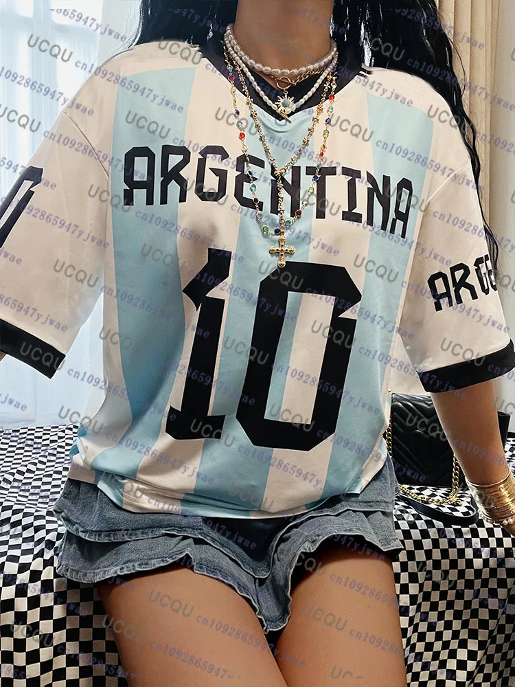 Argentina No.10 Print Football Jersey Women TShirt O-Neck Loose Mesh Short Sleeve Personaliz Fashion Casual Sport Women Clothing