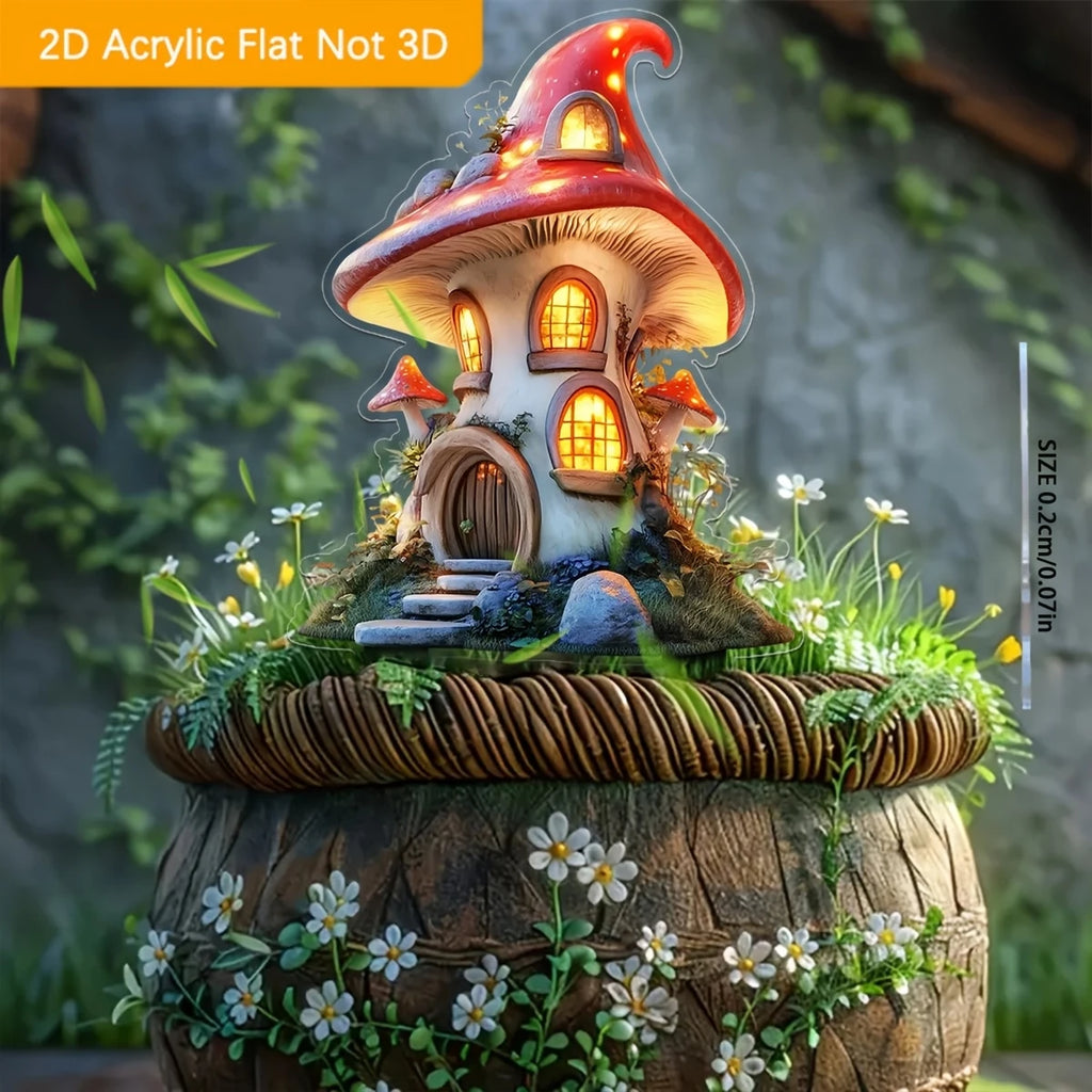 Bohemian Style 2D Fairy Tale Treehouse Cartoon Mushroom House Acrylic Bonsai Garden Decoration Waterproof Outdoor Lawn Art