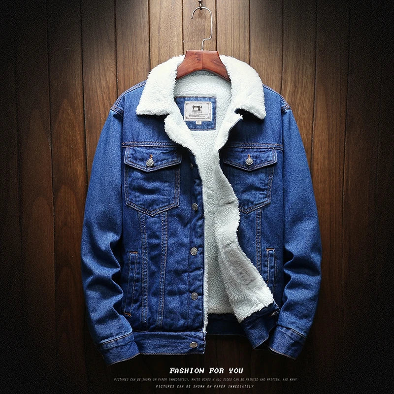 Winter Men's Fleece-Lined Denim Jacket Korean Fashion Windproof Warm Multi-Pocket Lapel Jacket Man High Street Vintage Jean Coat