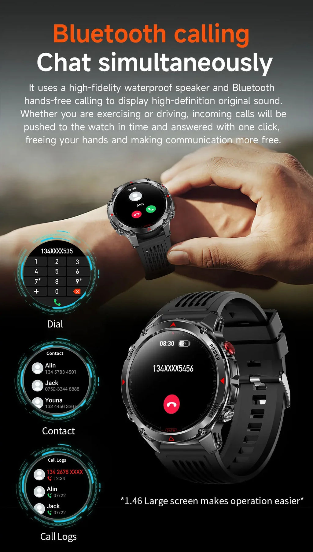 Smart Watch For Men 1.46'' 360*360 HD AMOLED Color Display Voice Call Compass LED Sports Fitness Waterproof Watch Ladies