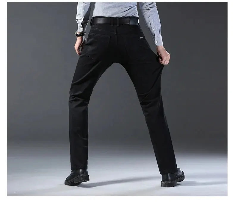 Wthinlee New Business Men's Jeans fleece Casual Straight Stretch Fashion Classic Blue Black Work Denim Trousers Male  Clothing