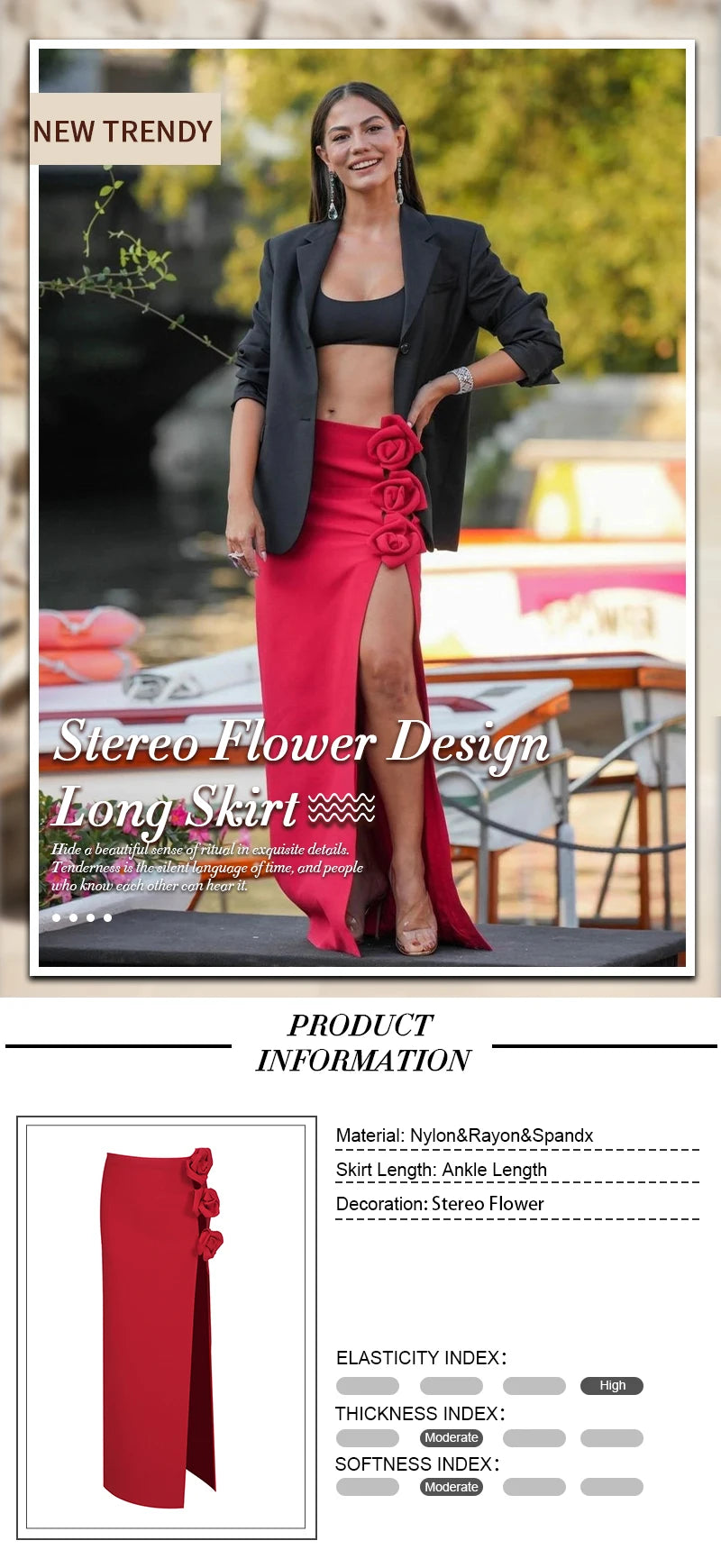 VC Skirts For Women Christmas Party Wear Pretty 3D Flowers Decoration Red Bandage High Split Sexy Long Skirt