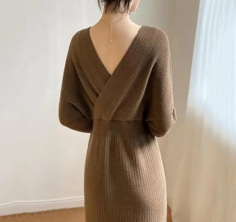 New Autumn/Winter Fashion Long Sleeve V-neck Knitted Solid Color Slim Fit Dress For Women,5 Colors