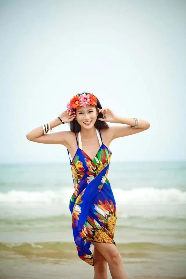 Printed Cover-ups Sexy Beach Dress Women Halter Sling Chiffon Beach Towel Bikini Wrap Pareo Skirts Open-Back Swimwear
