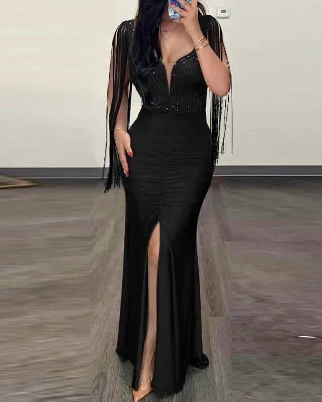 Elegant Dresses for Women Sexy Party Glamorous Contrast Sequin Ruched Slit Elegant Evening Bodycon Dress Streetwear Fashion 2024