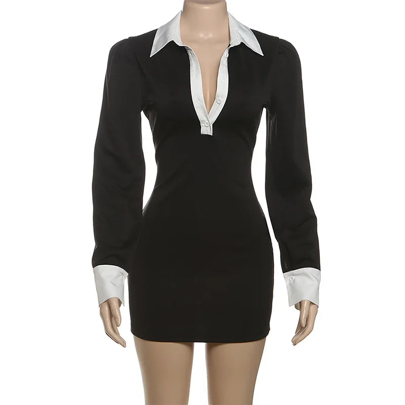 2025 Autumn Color Patchwork Mini Dress Women Fashion Turn Down Collar Long Sleeve Slim Bodycon Streetwear Office Lady Outfits