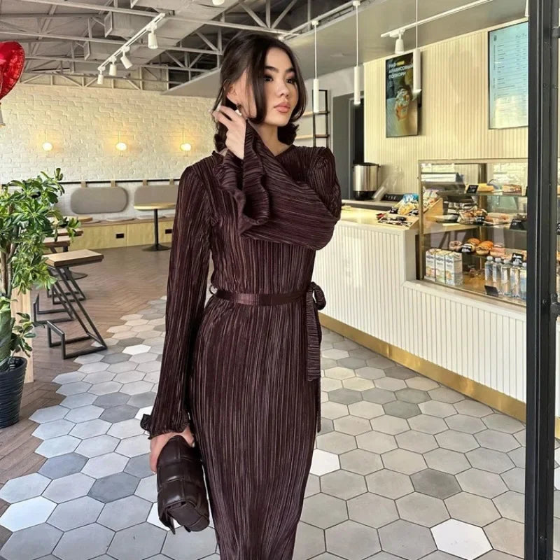 Autumn Winter Party Dress for Women 2025 Y2K INS Elegant Fashion Long Sleeve O Neck Lace Up Folds Evening Graduation Long Dress
