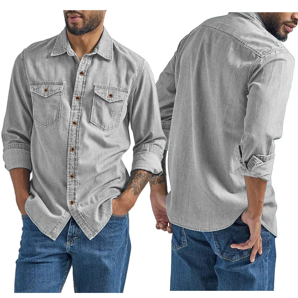 Men's Casual Denim Shirts Long Sleeve Button Vintage Blue Washed Cowboy Shirts Slim Fit Outdoor Workwear Tops for Men