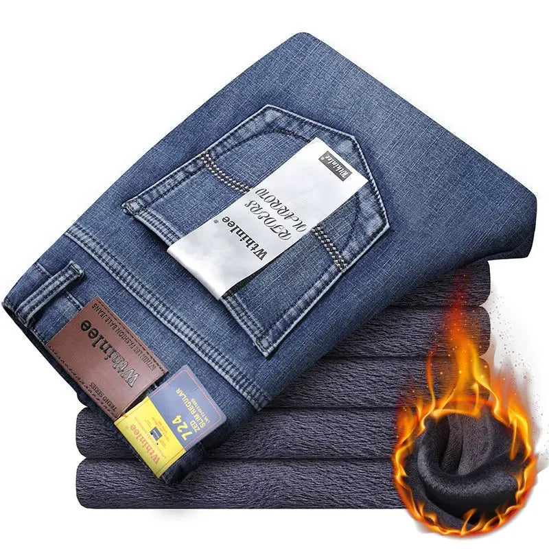 Wthinlee New Business Men's Jeans fleece Casual Straight Stretch Fashion Classic Blue Black Work Denim Trousers Male  Clothing
