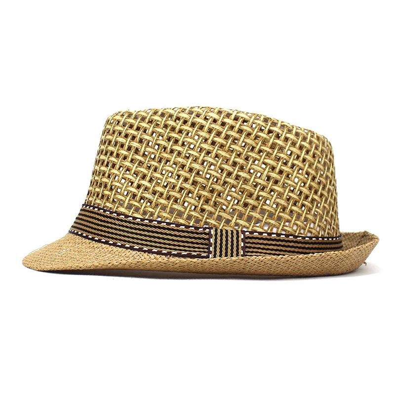 British Men Beach Sun Hats Summer Cowboy Fedora Retro Jazz Hat Breathable Straw Caps Outdoor Panama Man Gentleman Holiday Sunhat