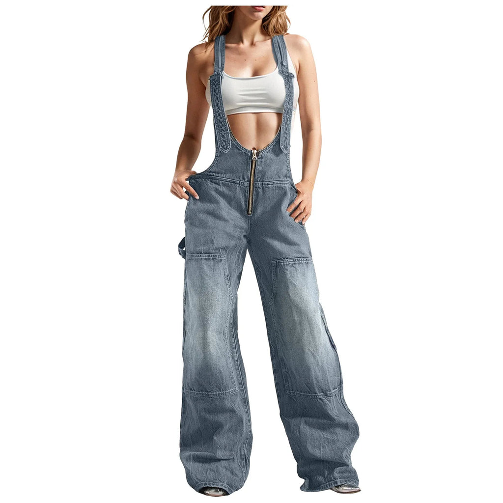 Women Adjustable Straps Loose Straight Wide Leg Jeans Dress Romper