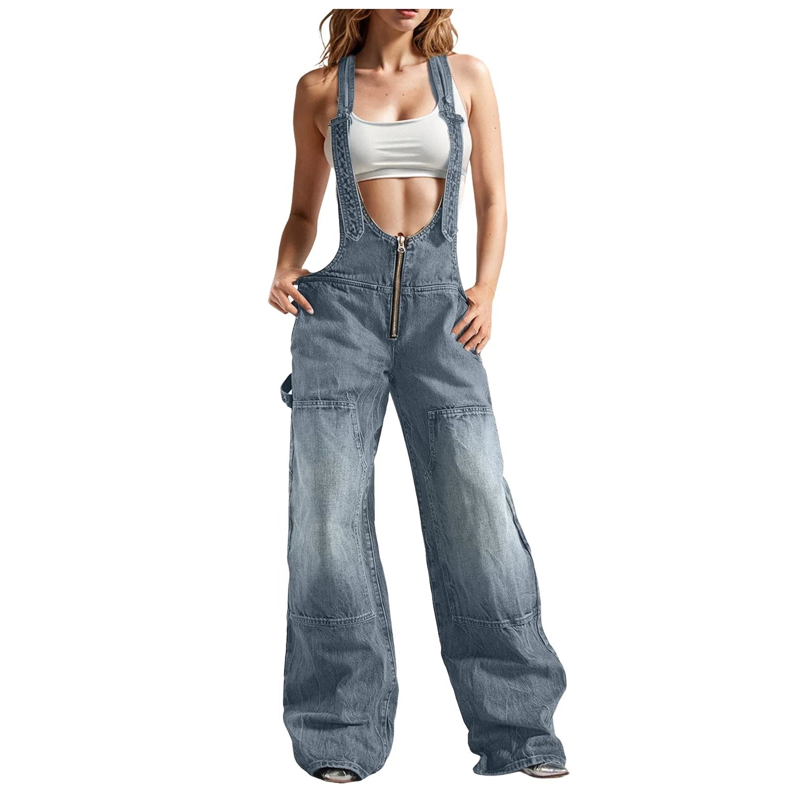 Women Adjustable Straps Loose Straight Wide Leg Jeans Dress Romper