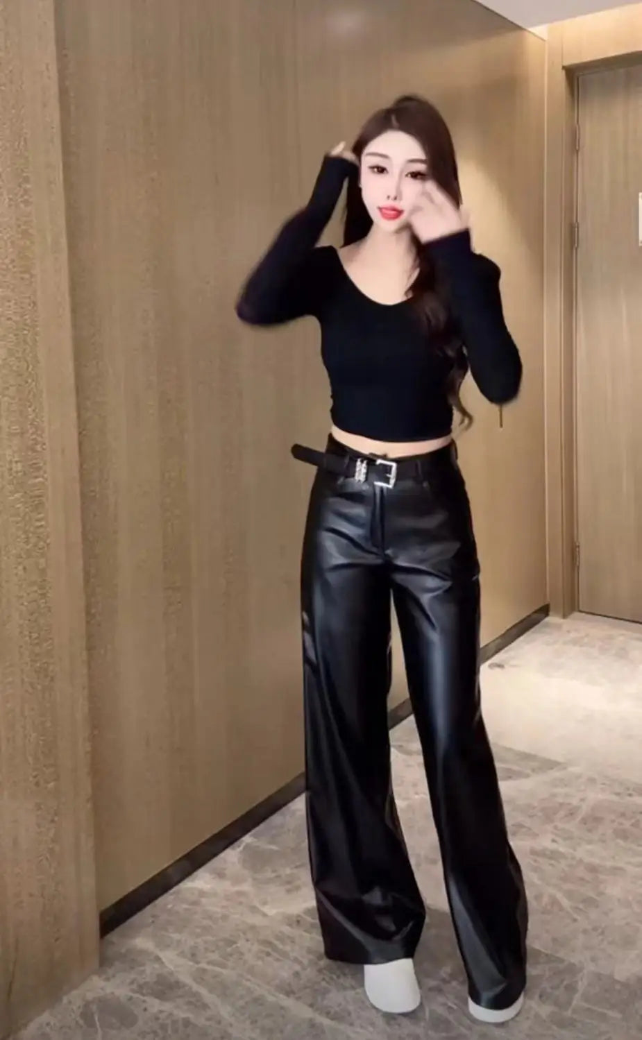 Womens Clothes Black PU leather Pants Women Casual Fashion Streetwear Gothic High Waist Flare leggings Trousers Womens Pants