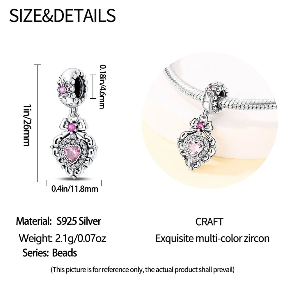 Pendant Charm Bead 925 Sterling Silver Pink Heart-Shaped Beads Fit Original Bracelet for Jewelry Making Valentine's Day gift
