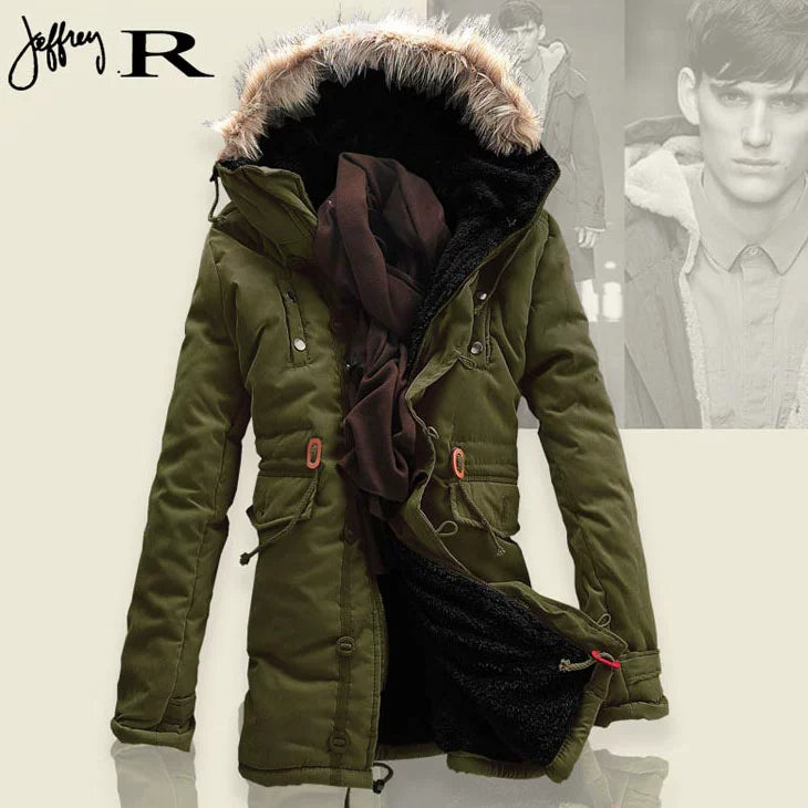 Mens Fur Collar Hoody Jacket Winter Wool Hooded Jackets Cotton-Padded Coat