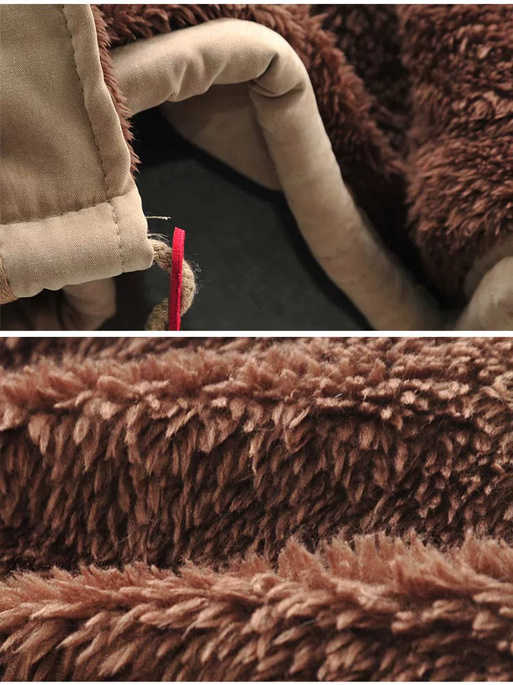 Mens Fur Collar Hoody Jacket Winter Wool Hooded Jackets Cotton-Padded Coat