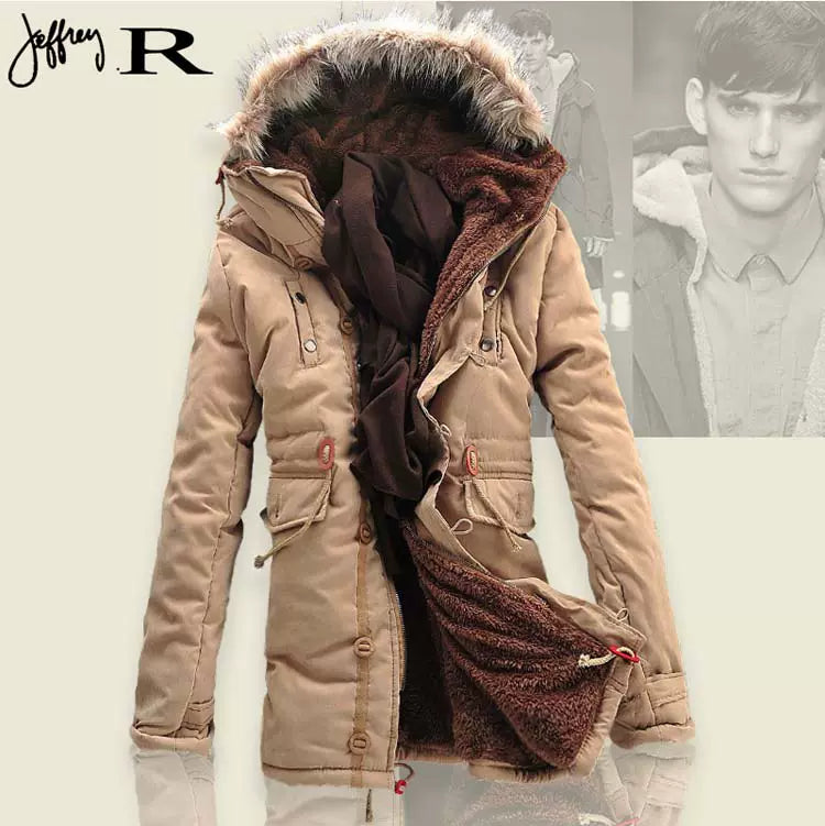 Mens Fur Collar Hoody Jacket Winter Wool Hooded Jackets Cotton-Padded Coat