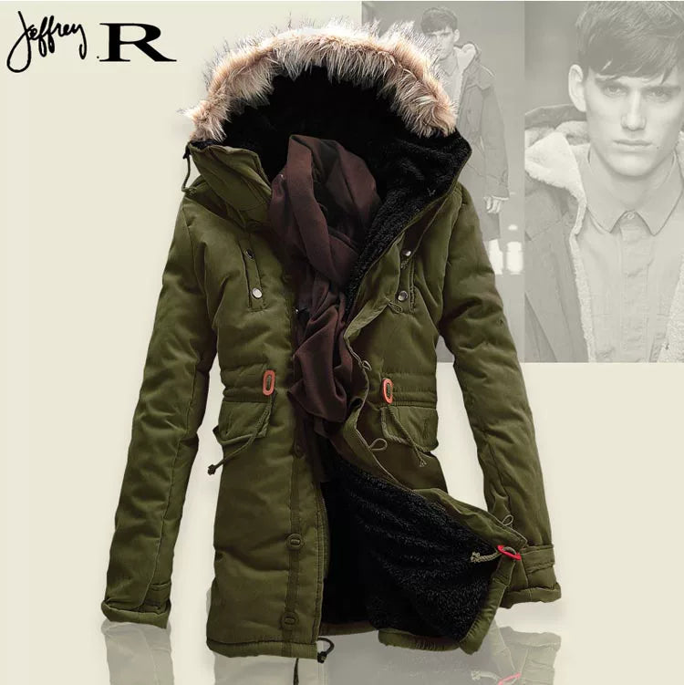Mens Fur Collar Hoody Jacket Winter Wool Hooded Jackets Cotton-Padded Coat