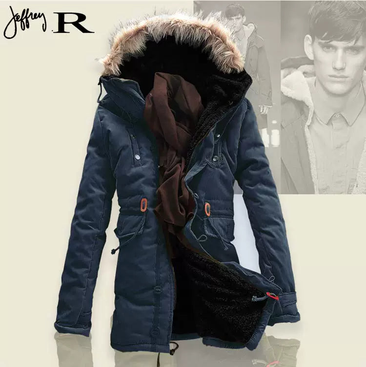 Mens Fur Collar Hoody Jacket Winter Wool Hooded Jackets Cotton-Padded Coat
