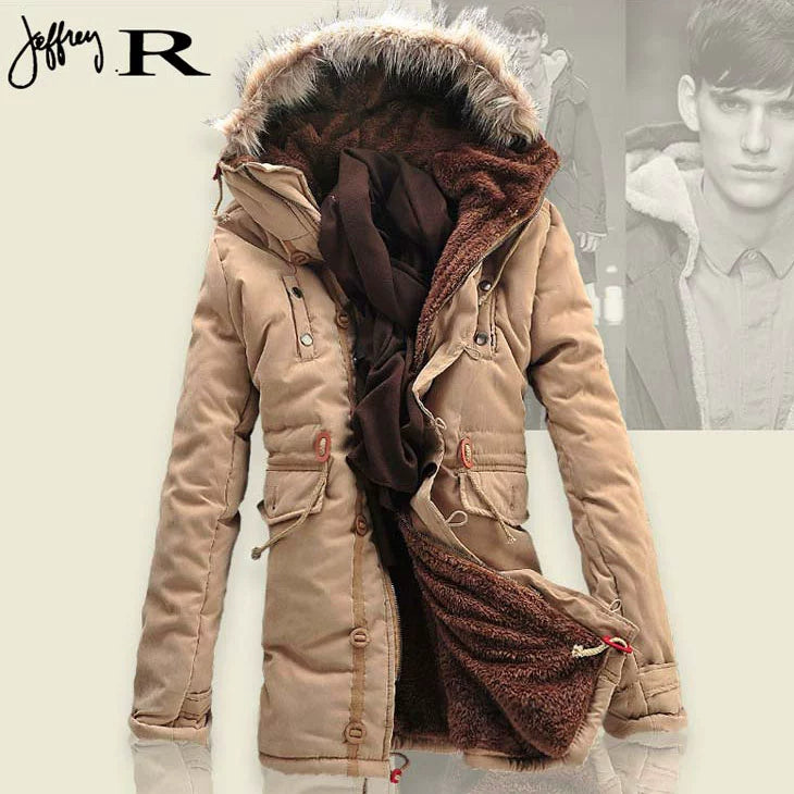 Mens Fur Collar Hoody Jacket Winter Wool Hooded Jackets Cotton-Padded Coat