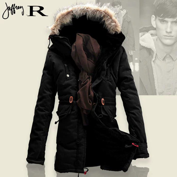 Mens Fur Collar Hoody Jacket Winter Wool Hooded Jackets Cotton-Padded Coat