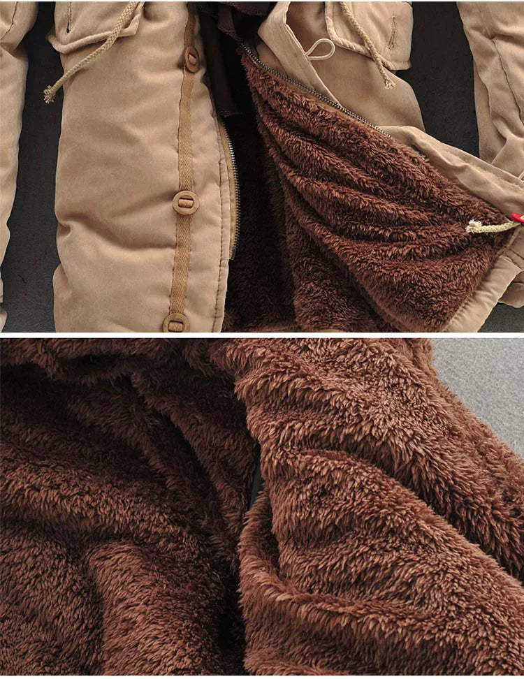 Mens Fur Collar Hoody Jacket Winter Wool Hooded Jackets Cotton-Padded Coat