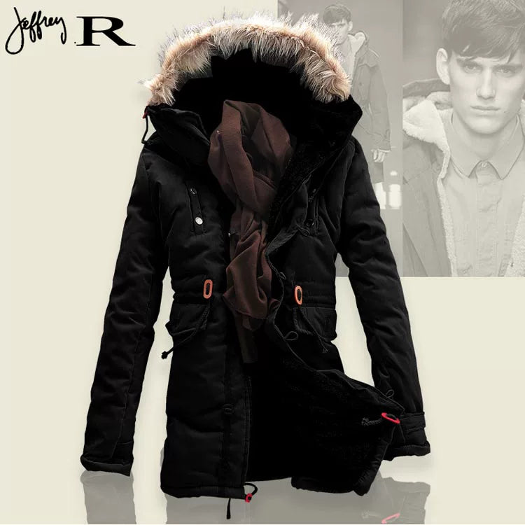 Mens Fur Collar Hoody Jacket Winter Wool Hooded Jackets Cotton-Padded Coat
