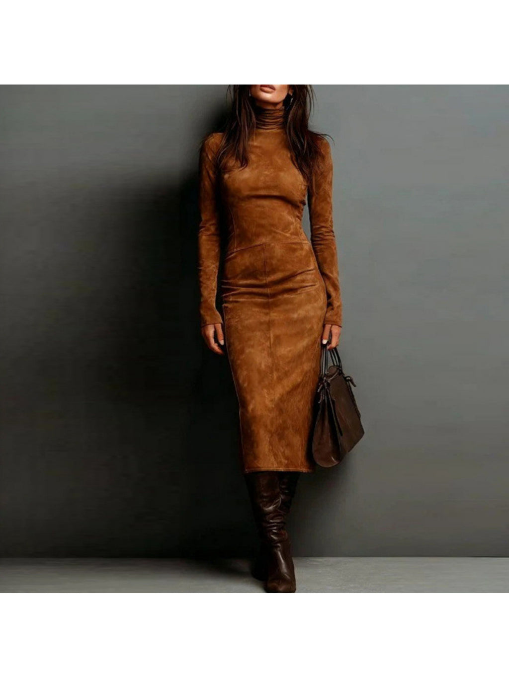 Women's Fall/Winter Sexy Elegant Retro High Neck Bodycon Dress - Long Sleeve Fitted Skirt, Solid Color Base Dress for Dresses, Machine Washable Winter Wardrobe Essential (No Undergarment Visibility)