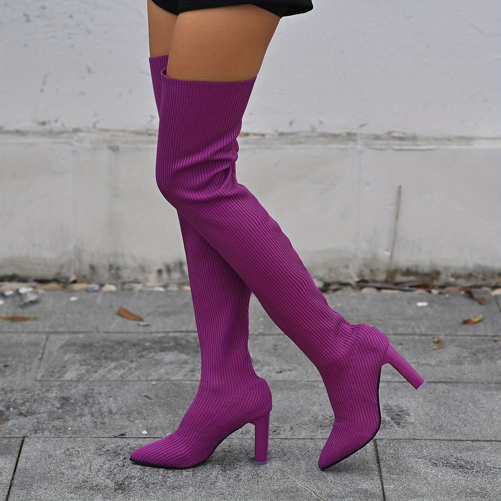 Women's Solid Color Long Boots, Slip On Point Toe Stiletto Heel Elastic Slim Over Knee Boots, Versatile Comfy Knit Shoes