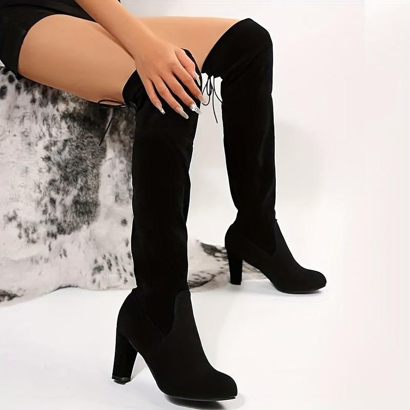 [Elegant Boots] Elegant Women's Boots, Classic Solid Color Chunky Heel Over-the-Knee Boots | Inexpensive Dark Black Slip-On Long Boots, Cute Gift for Mom