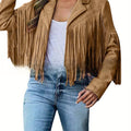Women's Short Deerskin Jacket with Fringe Hem & Tassel Trim - Slim-Fit T-Shaped Silhouette, Zipper Closure, Round Neck Casual Coat for Spring/Fall (Hand Washable) - Grey/Black/Brown - Versatile Outerwear for Jeans & Dresses,