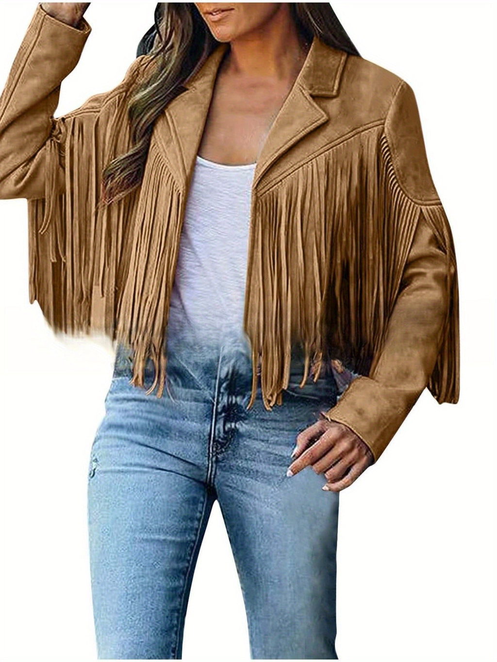Women's Short Deerskin Jacket with Fringe Hem & Tassel Trim - Slim-Fit T-Shaped Silhouette, Zipper Closure, Round Neck Casual Coat for Spring/Fall (Hand Washable) - Grey/Black/Brown - Versatile Outerwear for Jeans & Dresses,