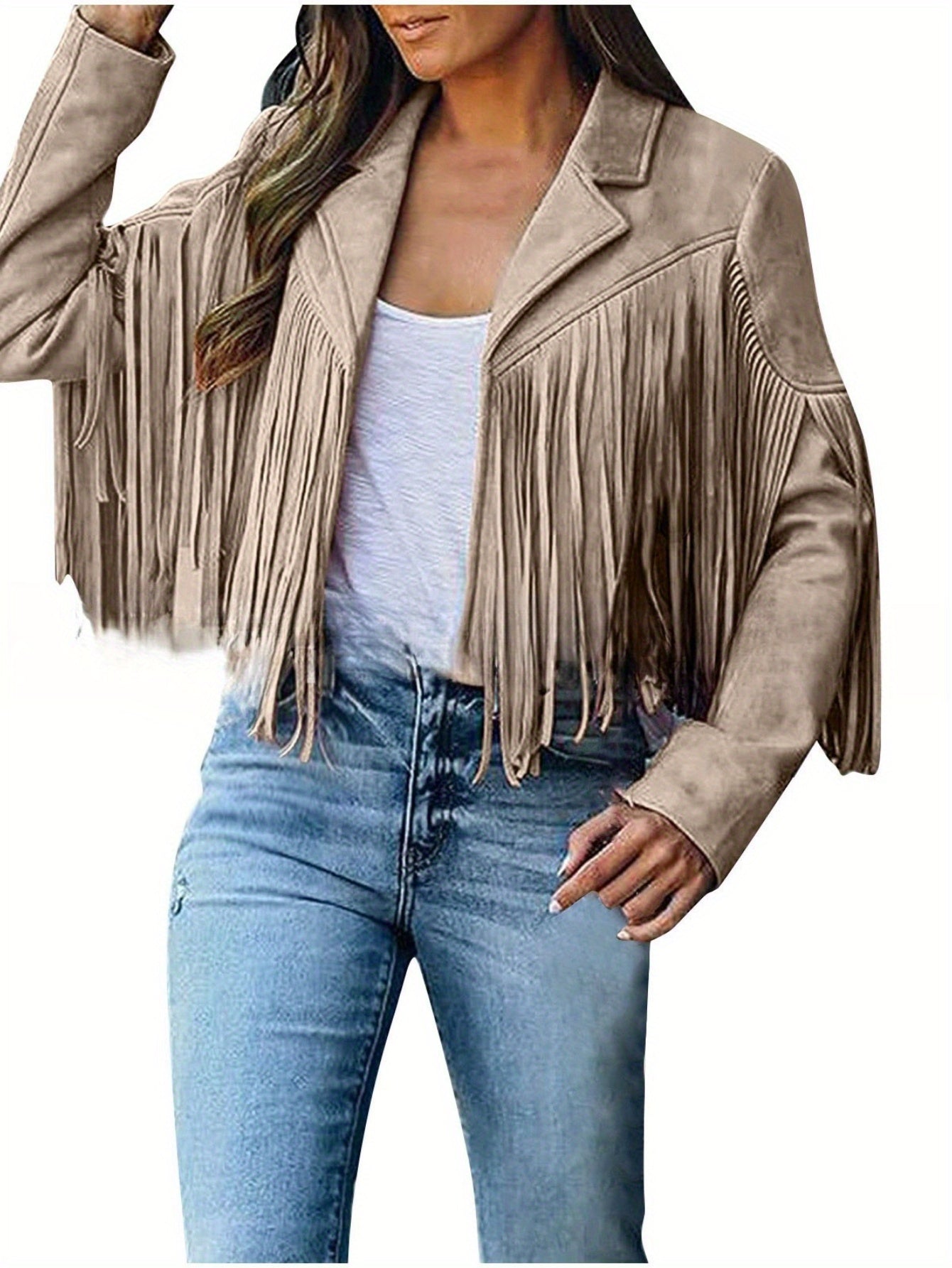 Women's Short Deerskin Jacket with Fringe Hem & Tassel Trim - Slim-Fit T-Shaped Silhouette, Zipper Closure, Round Neck Casual Coat for Spring/Fall (Hand Washable) - Grey/Black/Brown - Versatile Outerwear for Jeans & Dresses,