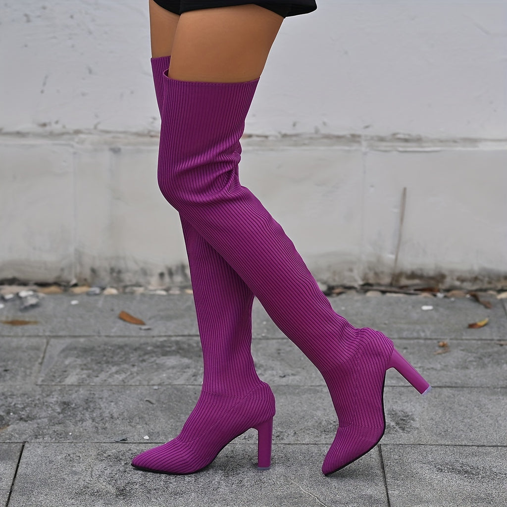 Women's Solid Color Long Boots, Slip On Point Toe Stiletto Heel Elastic Slim Over Knee Boots, Versatile Comfy Knit Shoes