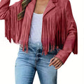 Women's Short Deerskin Jacket with Fringe Hem & Tassel Trim - Slim-Fit T-Shaped Silhouette, Zipper Closure, Round Neck Casual Coat for Spring/Fall (Hand Washable) - Grey/Black/Brown - Versatile Outerwear for Jeans & Dresses,